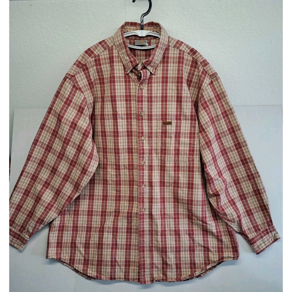 Carhartt Tan & Red Plaid Long Sleeve Button-down Shirt, Men's XL